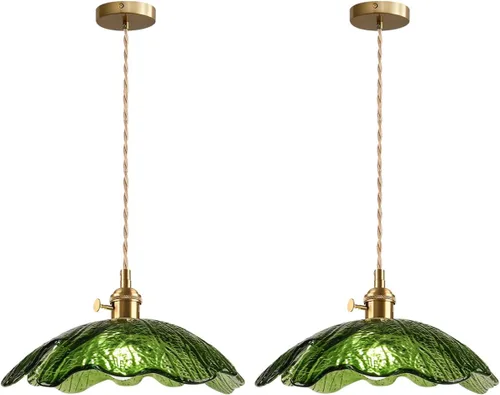 Vista 12 de Lámpara colgante colgante de 1 luz, lámparas colgantes de latón dorado, pantalla de vidrio de flores verdes, iluminación colgante moderna