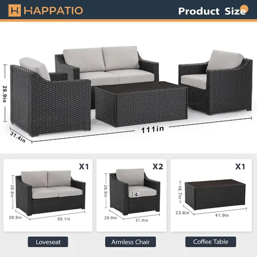 Vista 7 de HAPPATIO Juego de conversación de patio para 4, moderno sofá seccional al aire libre, mimbre de ratán PE (marrón/gris)