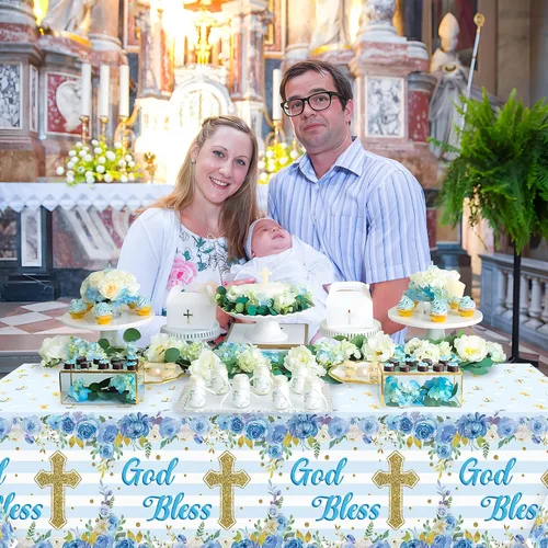 Vista 6 de Paquete de 3 manteles azules para fiesta de bautismo para bebé, decoración con temática de flores, desechables, de plástico, impermeables