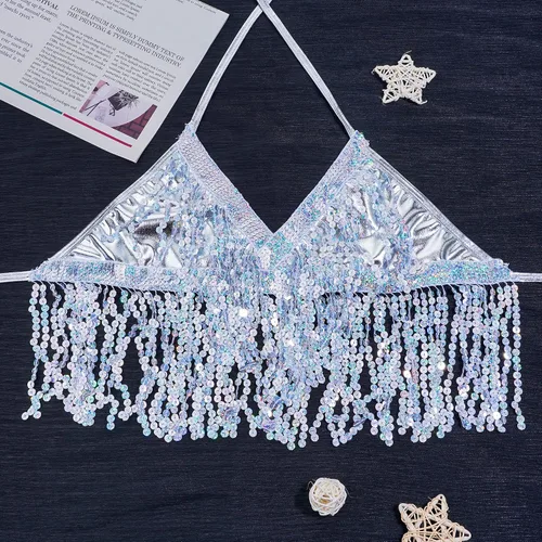 Vista 7 de Conjunto de falda para danza del vientre, lentejuelas brillantes, flecos, borlas y faldas cortas, para festivales y raves para mujer
