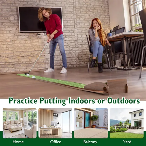 Vista 7 de Tangkula Alfombrilla de práctica de golf de 10 pies, 2/3 hoyos con retorno automático de bola para interiores y exteriores, guías de alineación y 3