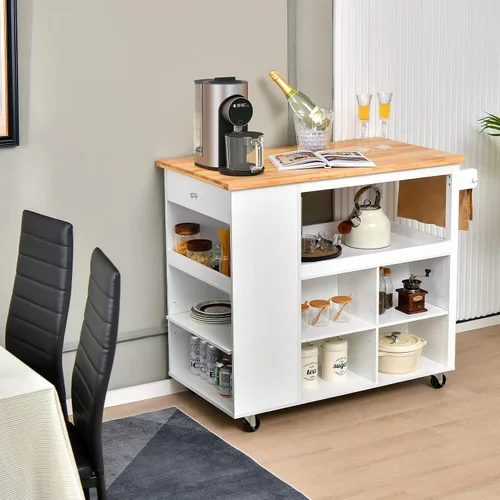 Vista 9 de Giantex Carrito de isla de cocina con ruedas, mesa de isla rodante con parte superior de madera de caucho, cajón, estante para especias de 3