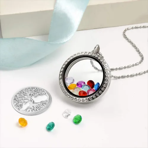 Vista 6 de AZNECK Collar con medallón flotante del árbol de la vida para mujer con piedras natales con colgante de recuerdo de vida, joyería de acero