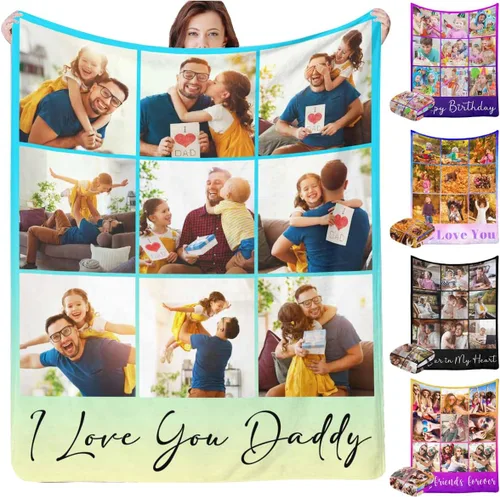Vista 9 de InterestPrint Manta personalizada con texto fotográfico, 9 fotos, Best Dog Ever - Manta personalizada de franela polar para cumpleaños familiar, se