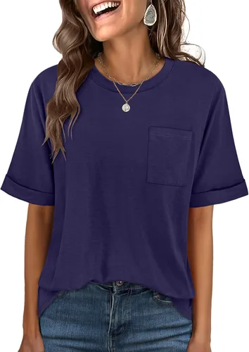 Vista 19 de ANRABESS - Camiseta de manga corta para mujer, estilo oversized, casual, suelta, básica, para verano, con bolsillo Caqui