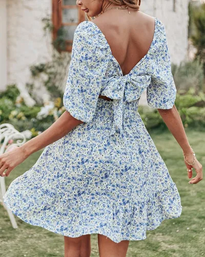 Vista 4 de BTFBM Vestido casual de verano de manga corta con cuello cuadrado para mujer, con lazo en la espalda, floral, cintura alta, con volantes