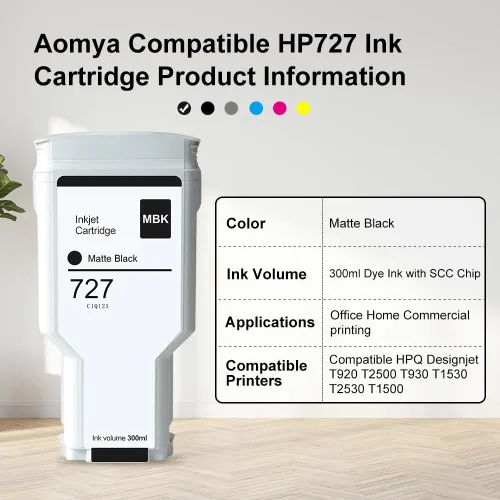 Vista 2 de Aomya Compatible HP727MBK HP727 Cartucho de tinta negro mate 10.5 fl oz para impresoras HP DesignJet T920 T930 T1500 T1530 T2500 T2530 (C1Q12A)