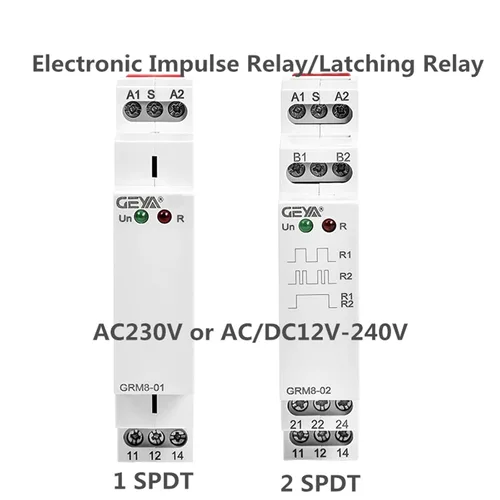 Vista 4 de GEYA Relé electrónico de bloqueo relé de impulso de memoria SPDT 16A voltaje de amplio rango montado en riel DIN (GRM8-02, AC/DC12V ~ 240V)