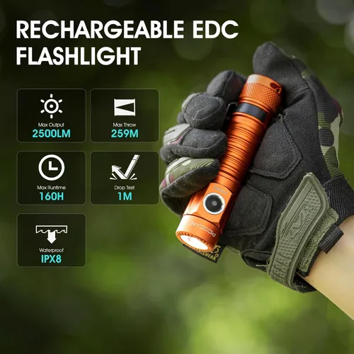 Vista 2 de Linterna LED recargable PIOOCAN S10Pro, linterna brillante de 2500 lúmenes, linterna táctica EDC con base magnética, linternas impermeables
