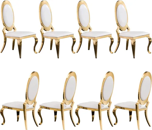 Vista 13 de ACEDÉCOR Sillas de comedor blancas y doradas, modernas sillas de piel sintética blanca, magnífica silla ovalada con respaldo de acero inoxidable
