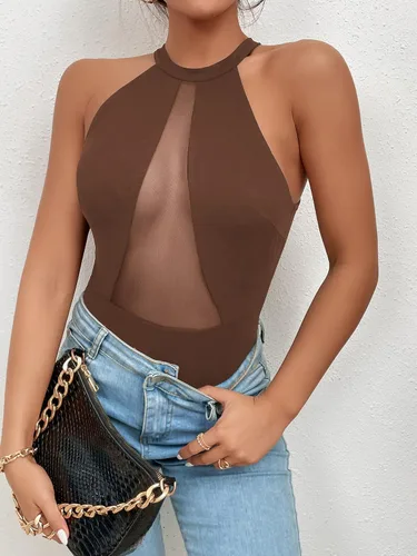 Vista 4 de SweatyRocks Body sin mangas para mujer, cuello redondo, corte alto, de malla, sin mangas