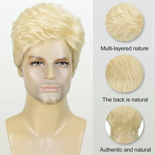 Vista 3 de DDHAIR Peluca rubia para hombre, pelo sintético corto en capas con parte Rubio