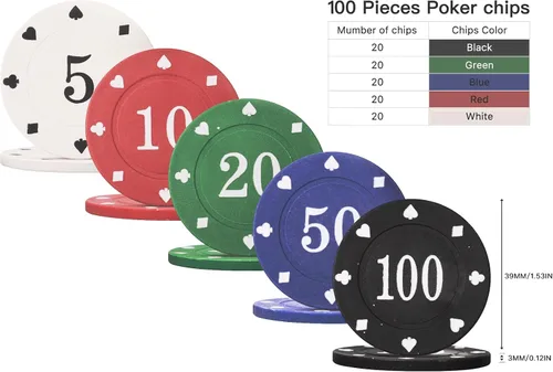 Vista 2 de Professional Poker Chips Set, Denomination Poker Chips with Dice Striped Pattern for Card Blackjack Games & Parties - 100 Pieces