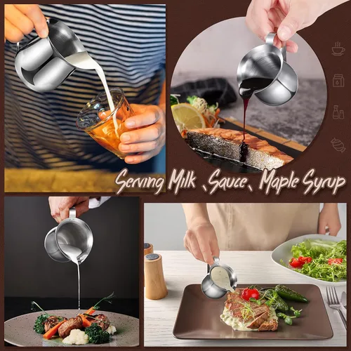 Vista 7 de Potchen Paquete de 6 cremas de campana de acero inoxidable de 3 onzas, mini jarras de leche para café con mango y tazas de boquilla para servir