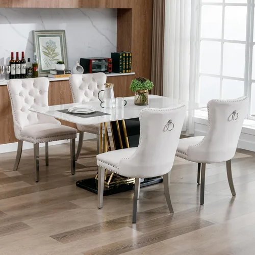 Vista 2 de Juego de 2 Sillas de Comedor Modernas de Mediados de Siglo, Tapizadas en Terciopelo Beige con Respaldo Acolchado, Sillas de Cocina y Comedor, Patas