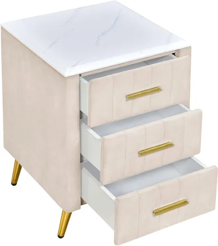 Vista 5 de Mesita de noche de terciopelo SOFTSEA con 3 cajones, mesita de noche tapizada con tapa de mármol sintético, mueble de mesa auxiliar, mesita de noche