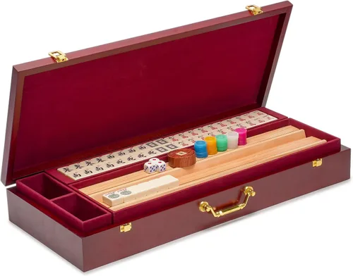 Vista 4 de Juegos de Mahjong Americano de Yellow Mountain Imports - Clásico de Lujo con Estuche de Madera, Estantes de Empuje de Madera, Indicador de Viento