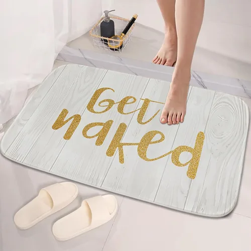 Vista 2 de Gold Get Naked - Juego de alfombras y tapetes de baño de tela dorada y blanca, 3 piezas de espuma viscoelástica, tapete de baño de terciopelo