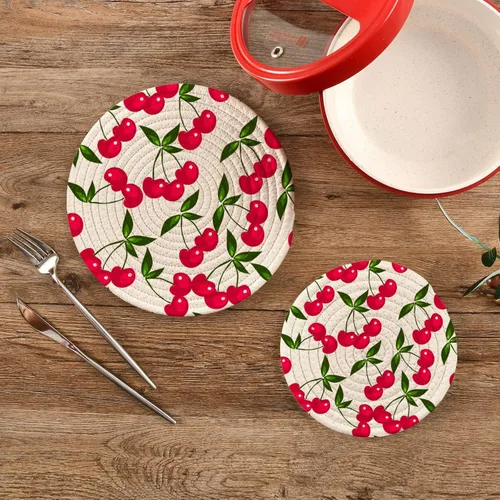 Vista 2 de Qilmy Cherry Kitchen - Juego de 2 agarraderas redondas, resistentes al calor, para platos calientes, ollas calientes y sartén, 7 pulgadas + 9