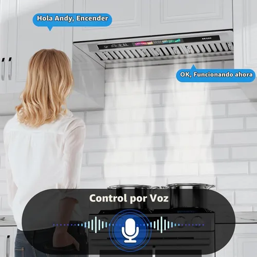 Vista 2 de BRANO Campana extractora de inserción, campana de ventilación de cocina integrada de 900 CFM con control de voz, gestos y táctil, ventilador