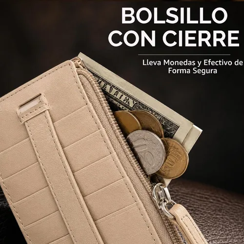Vista 3 de Leatherboss - Funda para tarjetas todo en uno, cartera delgada con correa de protección para tarjetas, Beige, Cartera con tarjetero