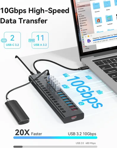 Vista 3 de Hub USB alimentado, concentrador USB 3.2 de 16 puertos AGEEN