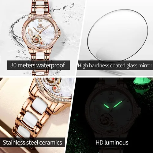 Vista 6 de OLEVS Relojes para mujer, de cuerda automática, oro rosa, diamante, reloj de pulsera mecánico automático, acero inoxidable, dos tonos, pulsera