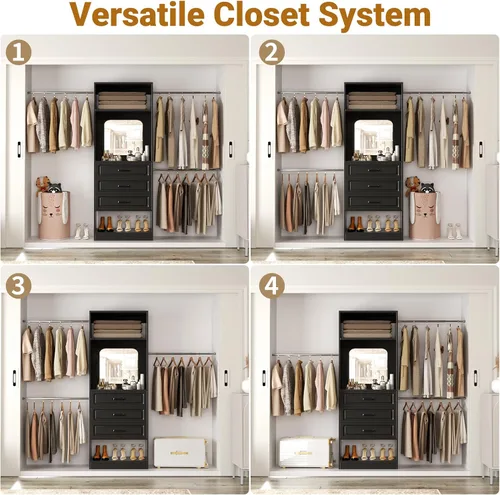 Vista 4 de Unikito Sistema de armario de 8 pies con espejo, kit organizador de armario de 96 pulgadas con cajones y 3 varillas extensibles para colgar
