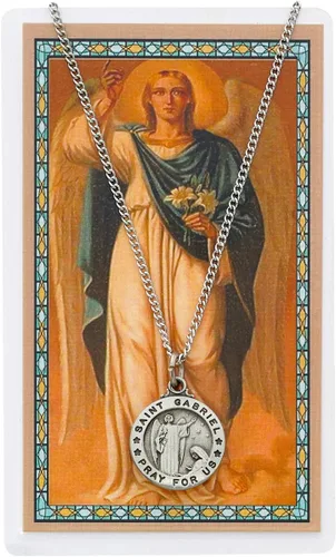 Vista 2 de Tarjeta de oración de San Gabriel con colgante de medalla de San Gabriel, patrón cristiano católico, Peltre, No es una piedra preciosa