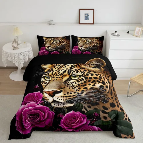 Vista 28 de Erosebridal Juego de ropa de cama de guepardo con rosa azul, juego de edredón con estampado de leopardo y gato, edredón romántico de plumón