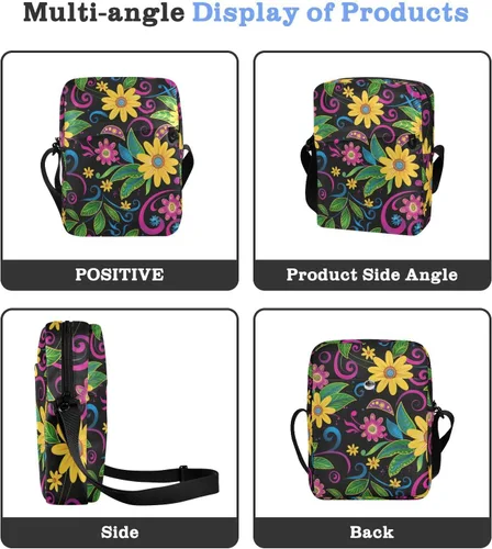 Vista 4 de Black Vintage Daisy cute messenger bag Crossbody Bags For Women Small Womens Crossbody Purses Ladies Shoulder Handbags Adjustable Strap for Travel
