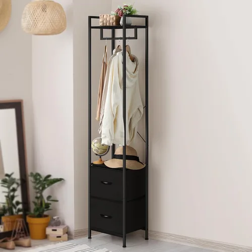 Vista 3 de smusei Perchero resistente de 3 niveles con 2 cajones de tela y estantes de almacenamiento, perchero independiente para dormitorio, entrada, sala