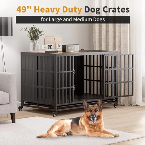 Vista 7 de Mueble resistente de 49 pulgadas, jaulas de madera para perros grandes y medianos, perrera interior con bandeja extraíble, mesa auxiliar decorativa