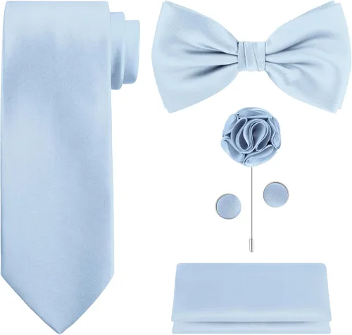 Vista 15 de TIE G 5pcs Tie Set in WHITE OR BLACK GIFT BOX: Solid Color Necktie, Satin Bow Tie, Pocket Square, Lapel, Cuff Links A-aqua