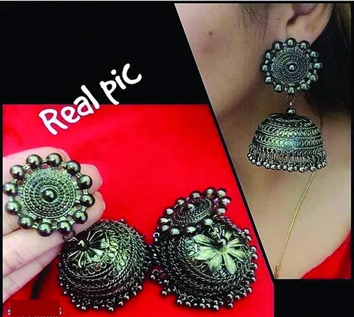 Vista 4 de Indian Hawker Gargantilla negra de plata oxidada con pendientes Jhumka para mujeres y niñas