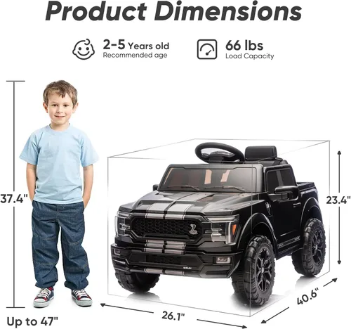 Vista 9 de Hikiddo Ford Shelby F-150 con Licencia 24V Juguete de Montar para Niños, Coche Eléctrico para Niños con Control Remoto, Motores de 400W - Negro