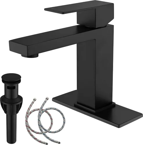 Vista 13 de llave de fregadero dorado cepillado, grifo de baño dorado de un solo agujero, grifo de fregadero de una sola manija alto con desagüe desplegable