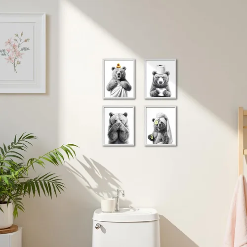 Vista 5 de OFJE Juego de 4 impresiones artísticas divertidas de oso para pared, divertidas imágenes de oso para baño, baño, baño, 8 x 10 pulgadas, sin marco