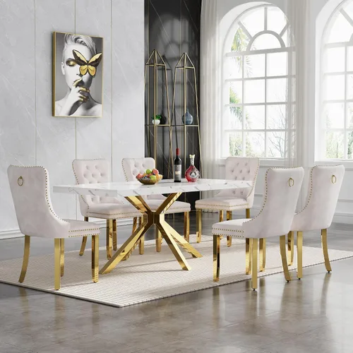 Vista 36 de HomVent - Juego de mesa de comedor de mármol sintético de 68 pulgadas con 4 sillas de terciopelo para cocina Modern Rectangular Faux Marble