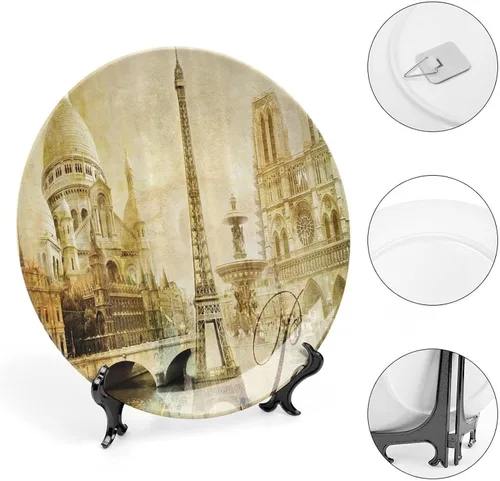 Vista 4 de Platos de cerámica, Platos de cerámica decorativos de París, paisaje antiguo, torre Eiffel Francia, lugares de interés, 6 pulgadas, para comedor
