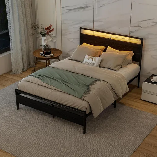 Vista 4 de Base de cama de tamaño matrimonial con cabecero de madera/luces LED, plataforma de metal, tamaño matrimonial con estación de carga, soporte