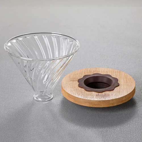 Vista 3 de Gotero de café para verter sobre café, gotero de café de vidrio V60 con base de madera de bambú, accesorios de goteo de café de preparación lenta
