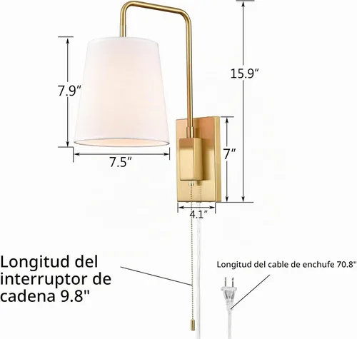 Vista 5 de Juego de Dos Apliques de Pared, Apliques de Pared con Pantalla de Tela Dorada para Dormitorio con Enchufe, Juego de 2