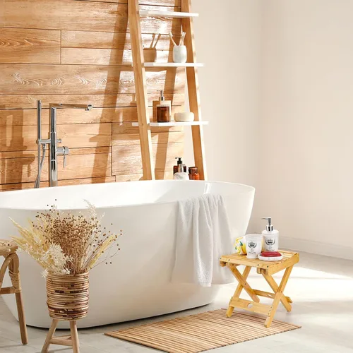 Vista 6 de Lawei Taburete plegable de bambú – Taburete de ducha de bambú de 12 pulgadas de altura, sillas de asiento de spa para ducha, afeitado de piernas
