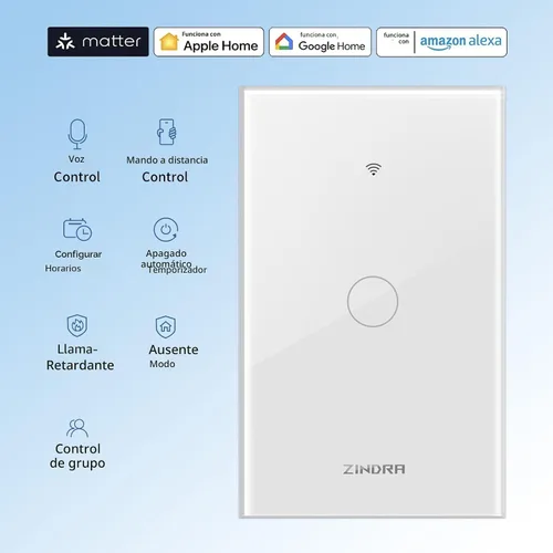 Vista 2 de Interruptor de luz de pared táctil inteligente con Matter, panel de vidrio templado, requiere cable neutro, unipolar, Wi-Fi de 2.4 GHz, control por