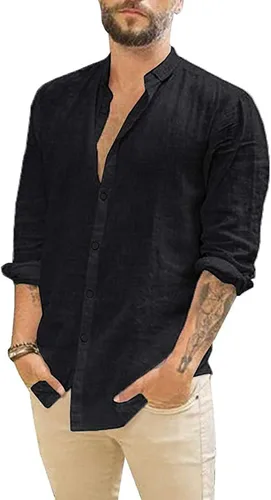 Vista 9 de Camisas de lino de manga larga para hombre, camisa casual con botones, ajuste regular, para verano, playa, boda