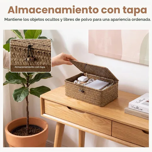 Vista 4 de StorageWorks Cesta de mimbre con tapa, cestas de almacenamiento con tapas marrón (hierba marina)