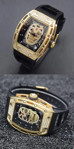Vista 5 de Relojes únicos de calavera para hombre, esfera de esqueleto rectangular, relojes de pulsera analógicos de cuarzo para hombre, relojes de calavera