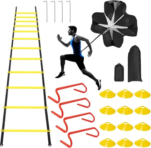 Vista 8 de YEXEXINM Escalera de agilidad profesional de entrenamiento de velocidad, escalera de agilidad de 20 pies, 12 conos de fútbol, 4 obstáculos