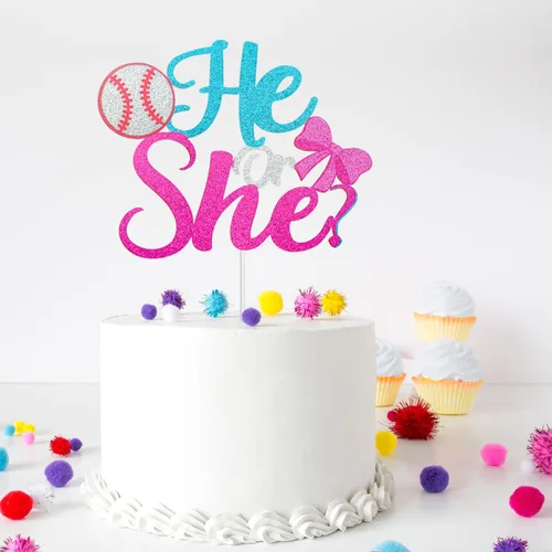 Vista 7 de Él or She Gender Reveal Cake Topper - Decoración para pastel de béisbol o lazos para niño o niña, suministros de anuncio de embarazo azul o rosa